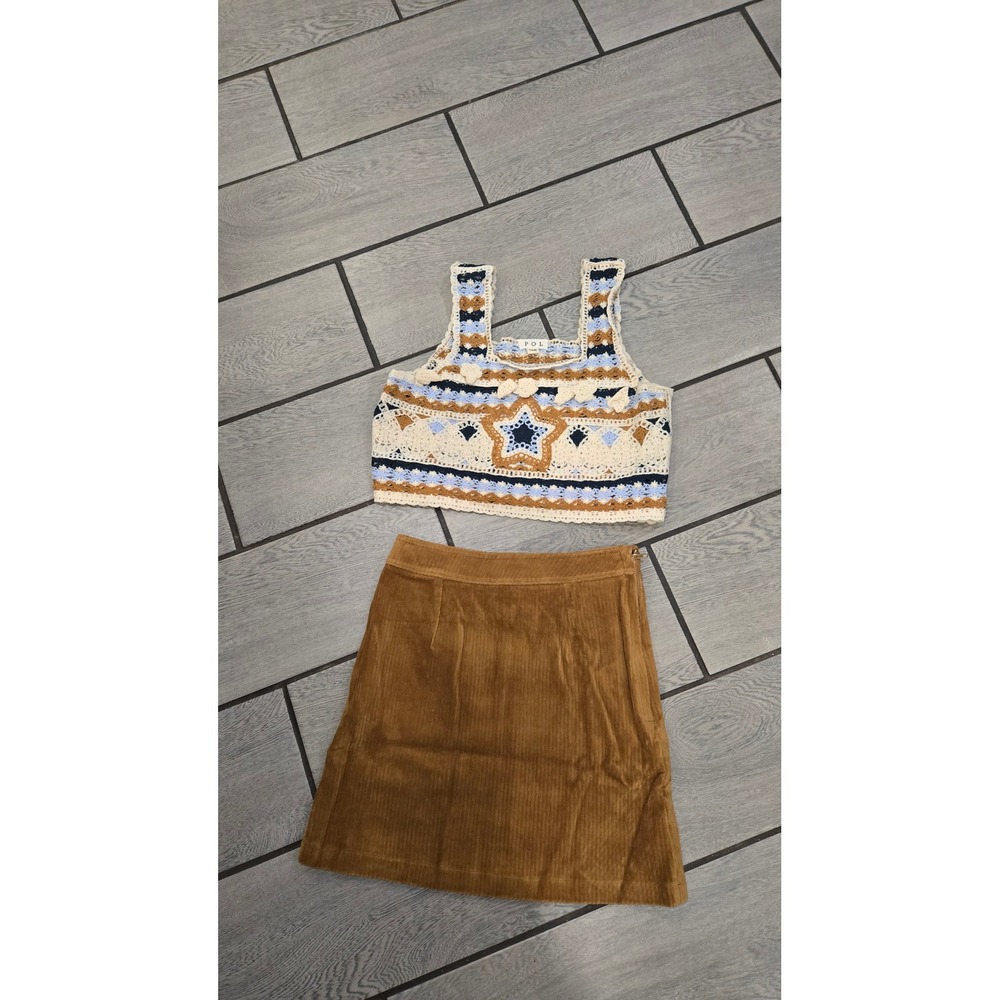 NWOT POL Crochet Star Crop Top Tan Corduroy A Line Mini Skirt Set Women's S‎